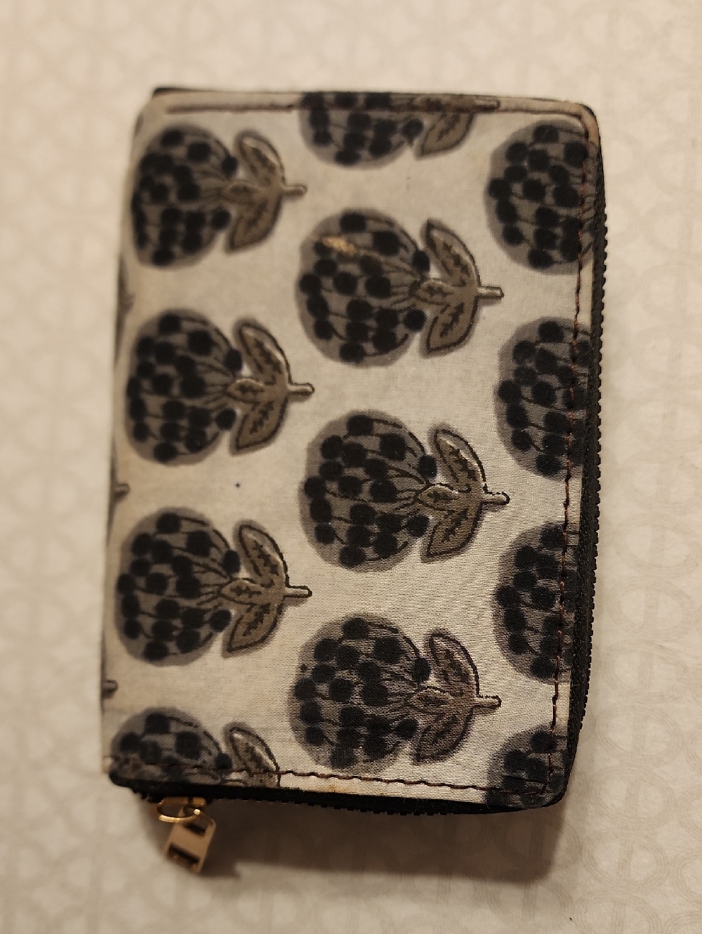 Compact Floral Print Zip Wallet - Black & Cream In Jaipur Block Print